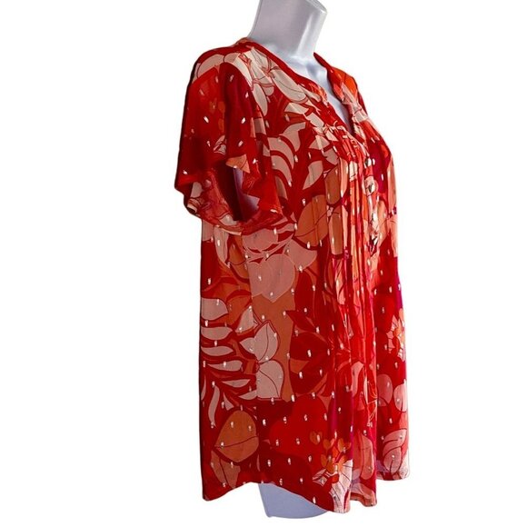 Ava & Grace Short Sleeve Quarter Button Lined Pink Orange Floral Top Women's Med - Picture 5 of 10